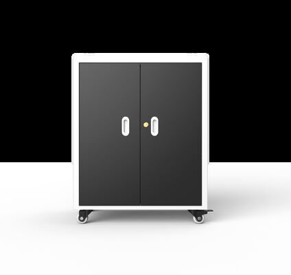 Wózek do ładowania laptopów z 30 gniazdami zasilania AC, wentylatorami chłodzącymi i otworami wentylacyjnymi, wymiary 720x530x940mm, waga 70kg