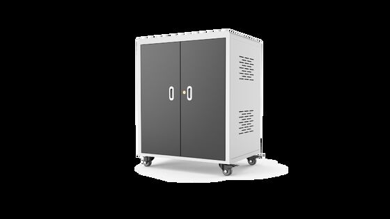 Wózek do ładowania laptopów z 30 gniazdami zasilania AC, wentylatorami chłodzącymi i otworami wentylacyjnymi, wymiary 720x530x940mm, waga 70kg